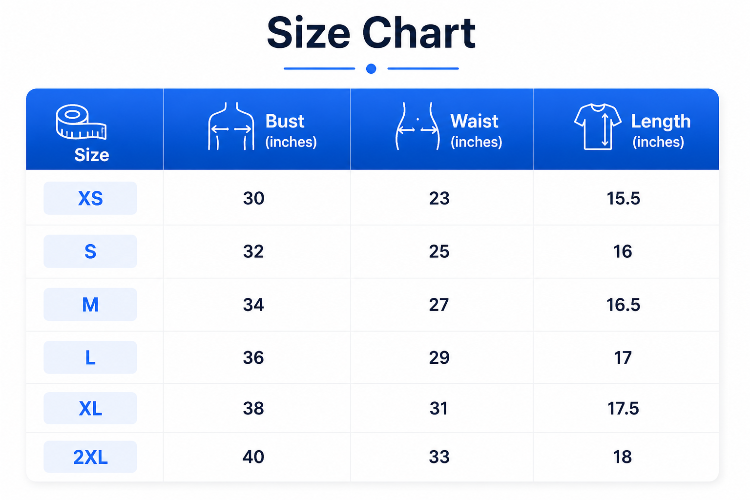 Size chart for Blue Orchid Top Blouse